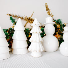 Load image into Gallery viewer, White ceramic Christmas trees and snowman with decorative background
