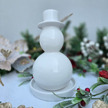 Load image into Gallery viewer, White ceramic snowman, sitting on Camila styling place, MJM Home Fragrance Christmas decor
